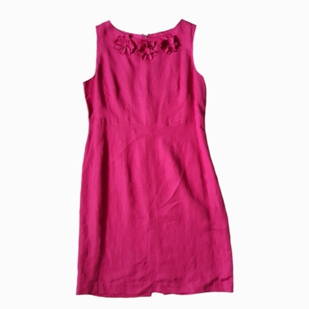 Eliza J Sleeveless Sheath Dress Women's 12 Solid Pink Linen Rayon Floral Trim